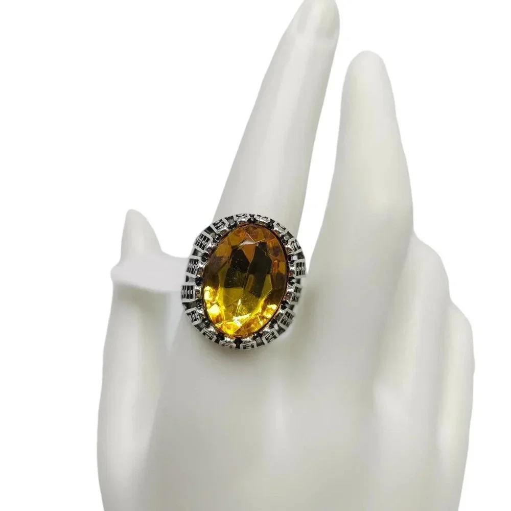 Yellow Glass Rhinestone Silver Tone Filigree Dot Dome Ring Size 8.5 Vintage - Picture 1 of 4